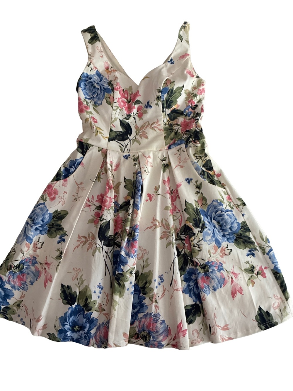 Trixxi White Floral Fit & Flare Dress with Blue and Pink Blooms Sz 0